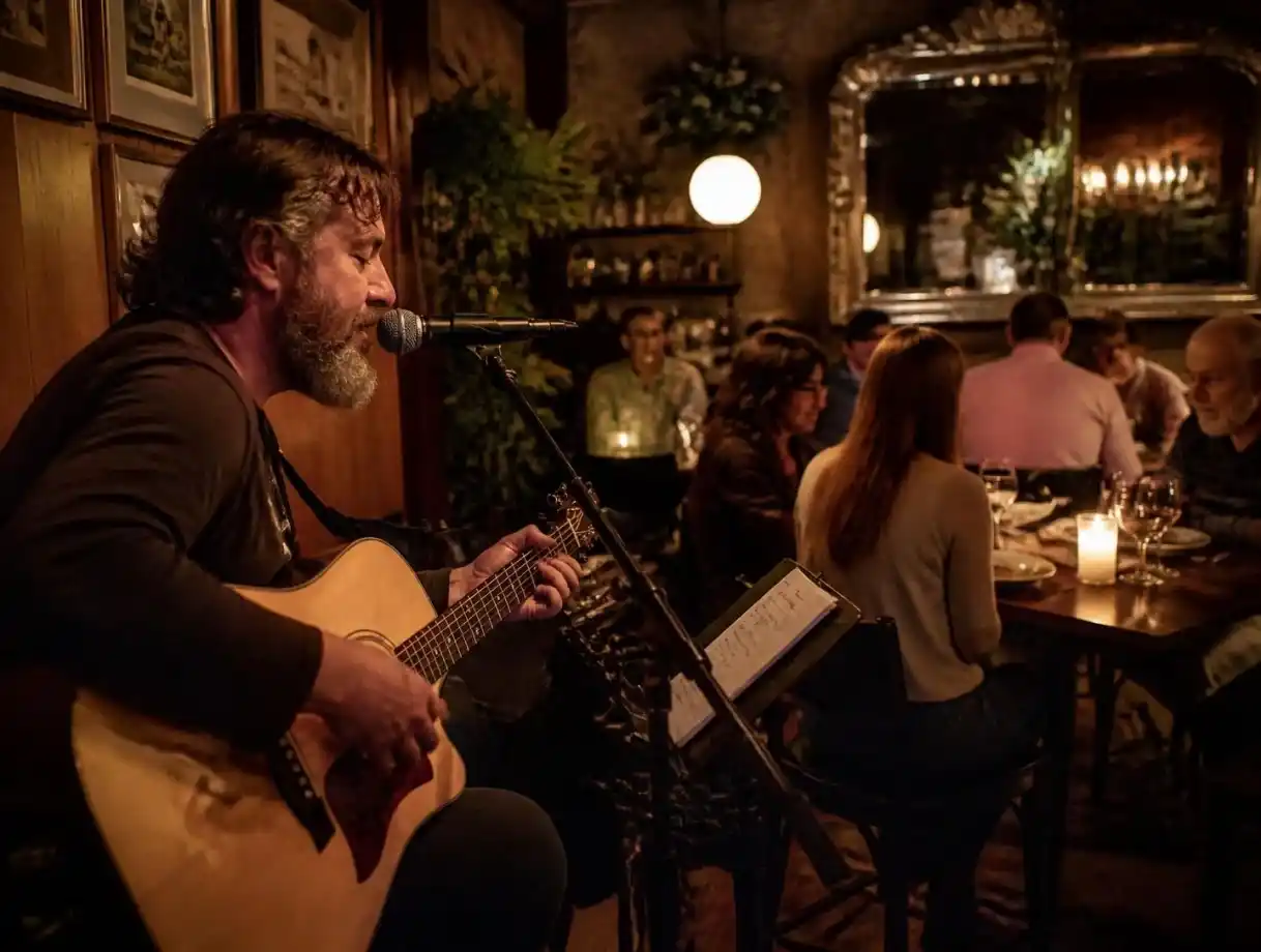 Warm, atmospheric evening dining room at White Rock Bistro